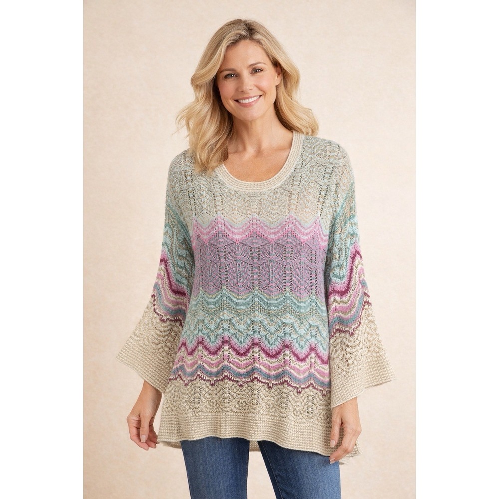 Soft Surroundings Sweater 1X Open Weave Bell Sleeve Boho Knit Tunic Metallic - Picture 2 of 15